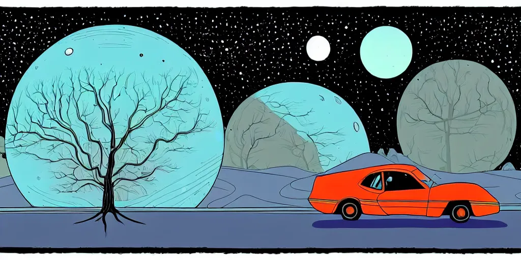 Image similar to traditional drawn colorful animation a car with solo man with sad face to valley symmetrical architecture on the ground, space station planet afar, planet surface, ground, tree, outer worlds extraterrestrial hyper contrast well drawn Metal Hurlant Pilote and Pif in Jean Henri Gaston Giraud animation film The Masters of Time FANTASTIC PLANET La planète sauvage animation by René Laloux