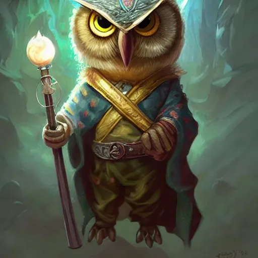 Image similar to cute little anthropomorphic Owl, wielding a magic staff, tiny, small, short, Wizard robe, cute and adorable, pretty, beautiful, DnD character art portrait, matte fantasy painting, DeviantArt Artstation, by Jason Felix by Steve Argyle by Tyler Jacobson by Peter Mohrbacher, cinema