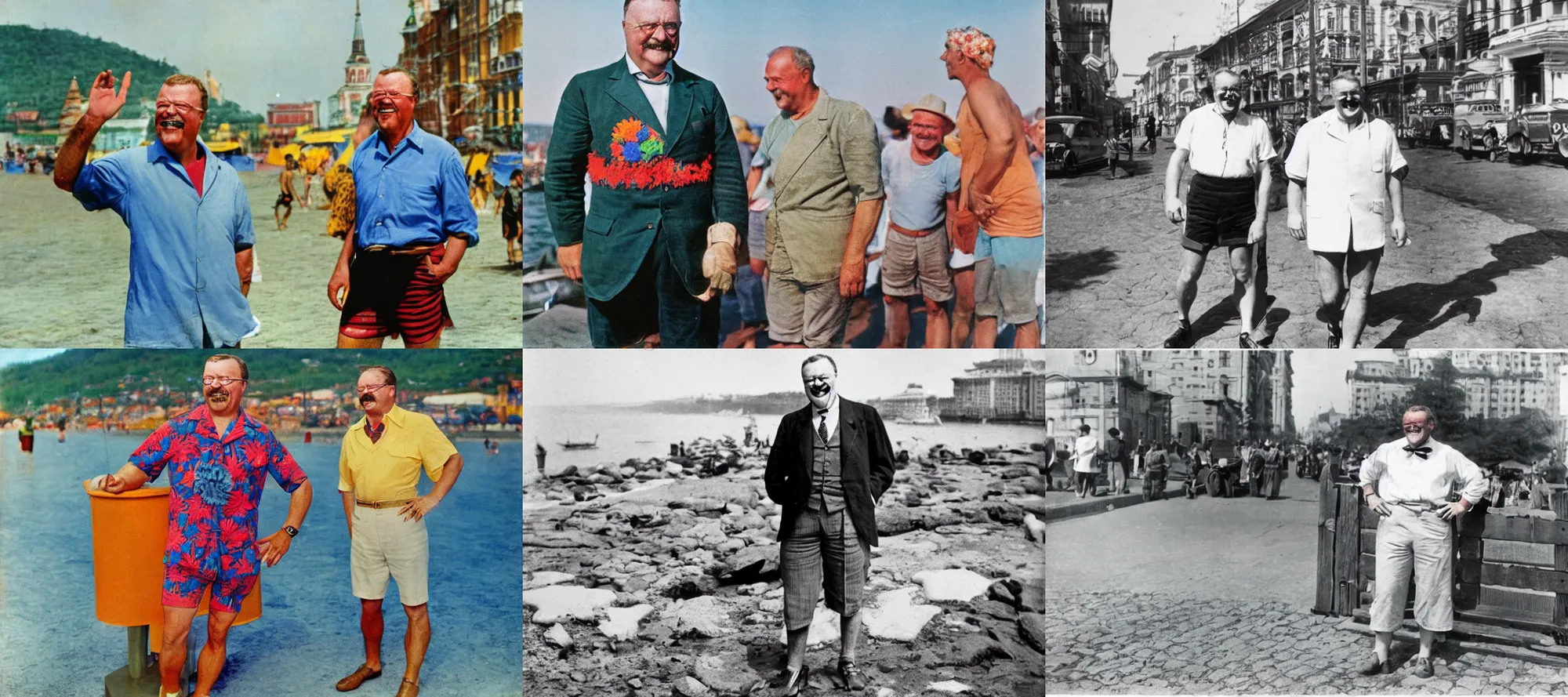 Prompt: a colorful vibrant candid vacation photo of theodore roosevelt smiling in russia Vladivostok wearing shorts and an aloha shirt cold city in background