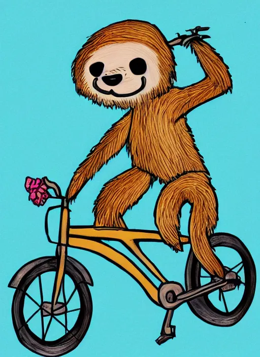 Prompt: drawing of a sloth urban outfitters style riding a bike going to the beach