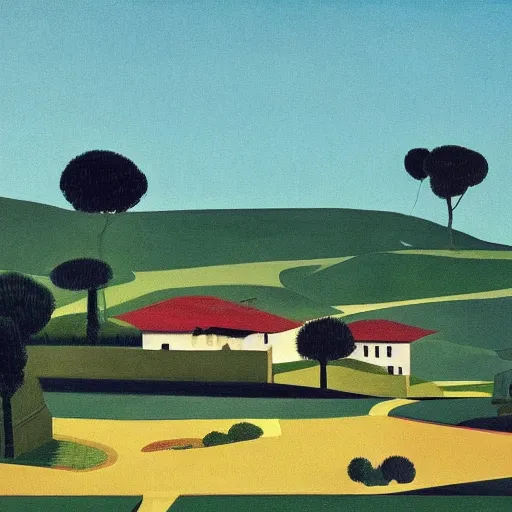 Prompt: solarpunk dreaming a toscana landscape with curious modern houses, painted by Alex Katz, highly detailed