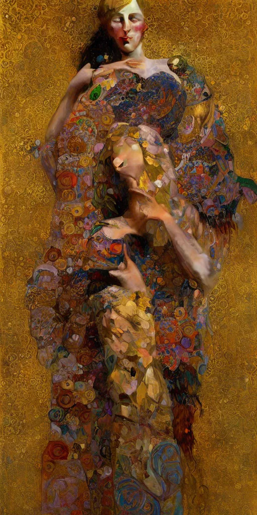 Prompt: an intricate painting of an artistic klimt golden motives and textures, hyper - detailed, octane render, vivid colors, artstation, by jeremy mann, by alphonse mucha, by boris vallejo, by gustav klimt