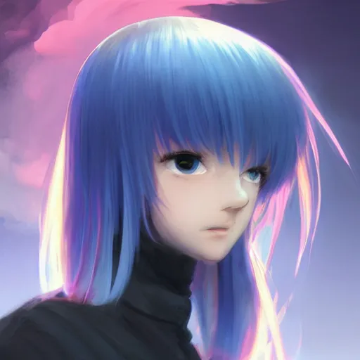 Prompt: profile shot of rimuru tempest averting his gaze, sky blue hair, straight hair, pretty, long bangs, amber eyes, all black jacket with white stripes, high collar | highly detailed, unreal engine 5, color block, digital painting, concept art, cinematic, wlop | artgerm, pixiv, greg rutkowski, ilya kuvshinov