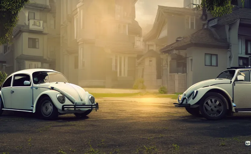 Prompt: a vw beetle parked near a small assam type house at sunrise, concept art, octane render, unreal engine 5, trending on artstation, high quality, 8 k, soft lighting, path traced, hyperrealistic, highly detailed, digital art, symmetrical, cinematic, high coherence, godrays