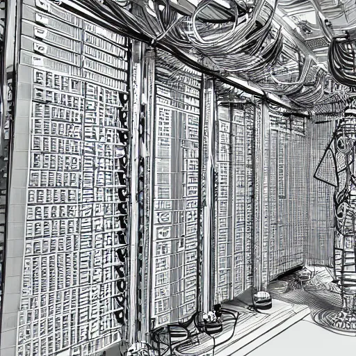 Image similar to highly detailed, datacenter construction electrical schematic, one line drawing, concept art, character art, studio lightning, bright colors, intricate, masterpiece, photorealistic, hyperrealistic, sharp focus, high contrast, artstation hq, deviantart trending, 4 k uhd, unreal engine 5