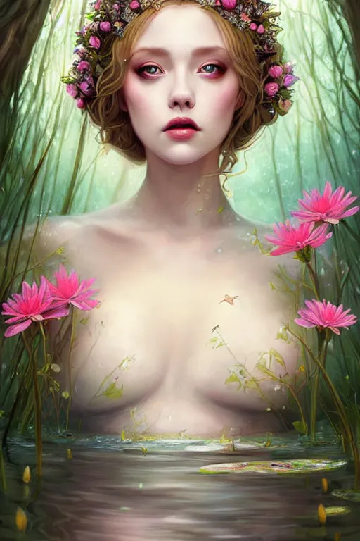 Prompt: artistic painting, medieval princess, ophelia, wearing ornate gown, beautiful eyes and lips, drowned, floating flat on her back in a forest pond, flowers, wide angle, art by artgerm and wlop and brom, highly detailed, 8 k, cinematic, digital painting, sharp focus, illustration, masterpiece