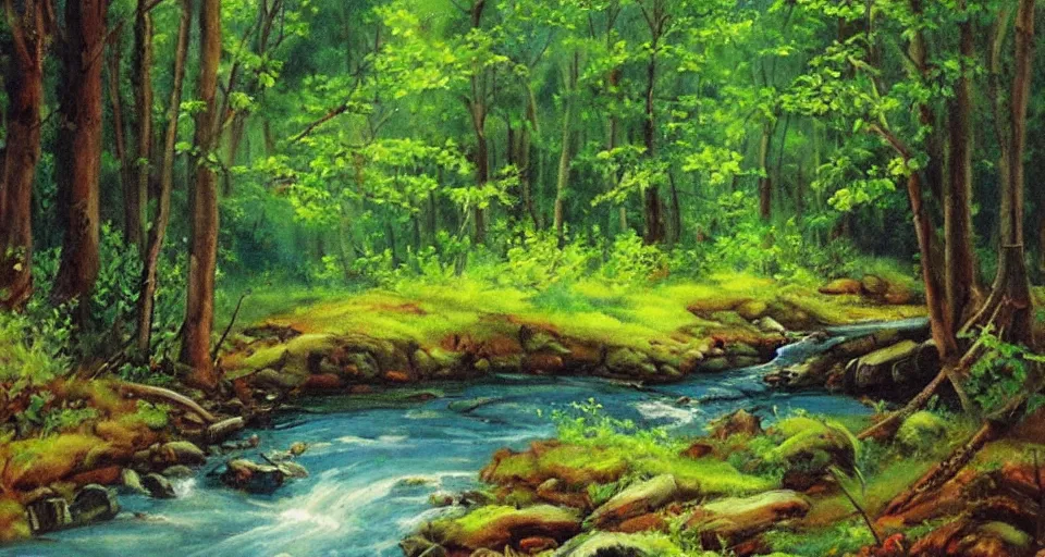 Image similar to a breathtaking painting of a stream in a forest by Bob ross