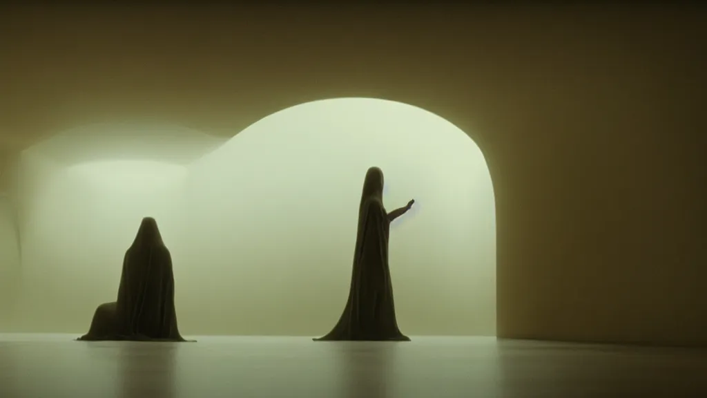 Image similar to a creature hides on the ceiling, film still from the movie directed by Denis Villeneuve with art direction by Zdzisław Beksiński, wide lens