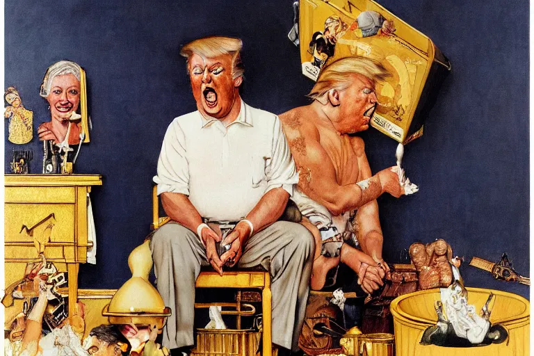 Image similar to Norman Rockwell painting of Donald Trump seated on a golden toilet in a tacky gold bathroom. He is in the center of the image, and he is sobbing and crying.