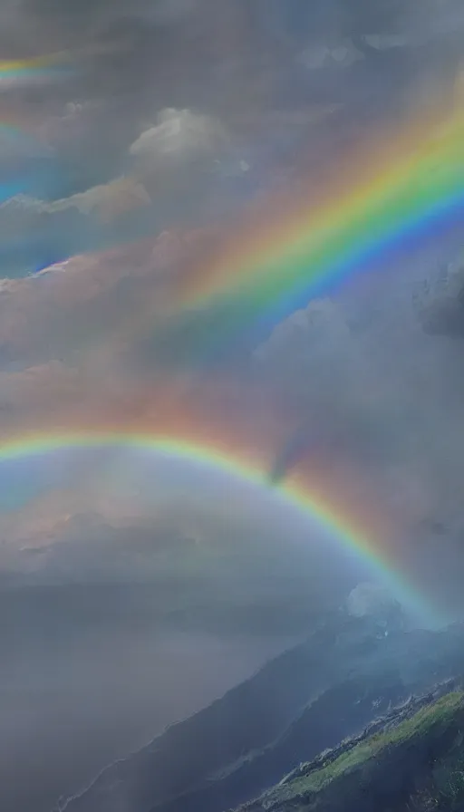 Image similar to enormously detailed hd photo of triple raibow at horizon, highly quality fantasy painting, 8K detail post-processing