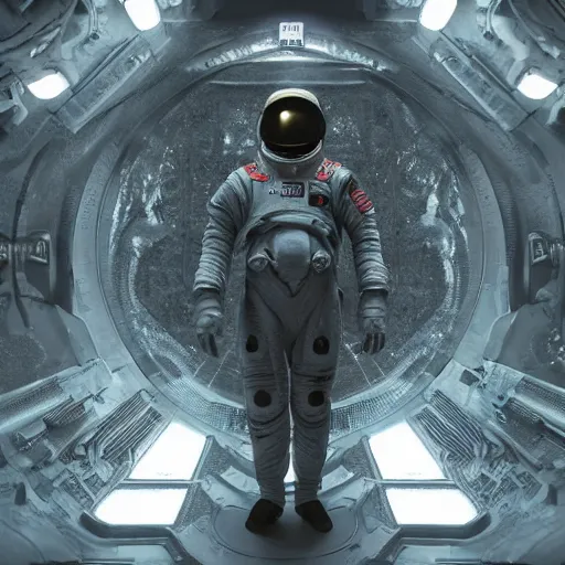 Image similar to concept art by craig mullins astronaut in futuristic dark and empty spaceship underwater. infrared complex and hyperdetailed technical suit. mandelbulb fractal. reflection and dispersion materials. rays and dispersion of light. volumetric light. 5 0 mm, f / 3 2. noise film photo. flash photography. unreal engine 4, octane render. interstellar movie art