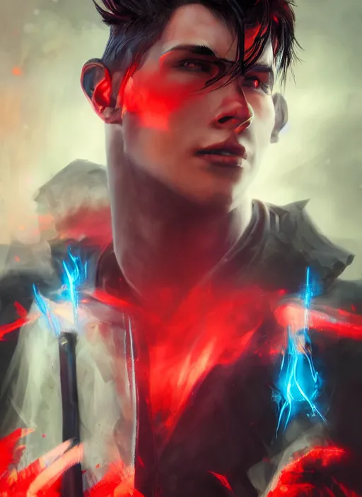 Image similar to An epic fantasy comic book style portrait painting of a young man with black and red cowlick undercut haircut, wearing a red shirt, black overcoat, blue jeans. Unreal 5, DAZ, hyperrealistic, octane render, cosplay, RPG portrait, dynamic lighting