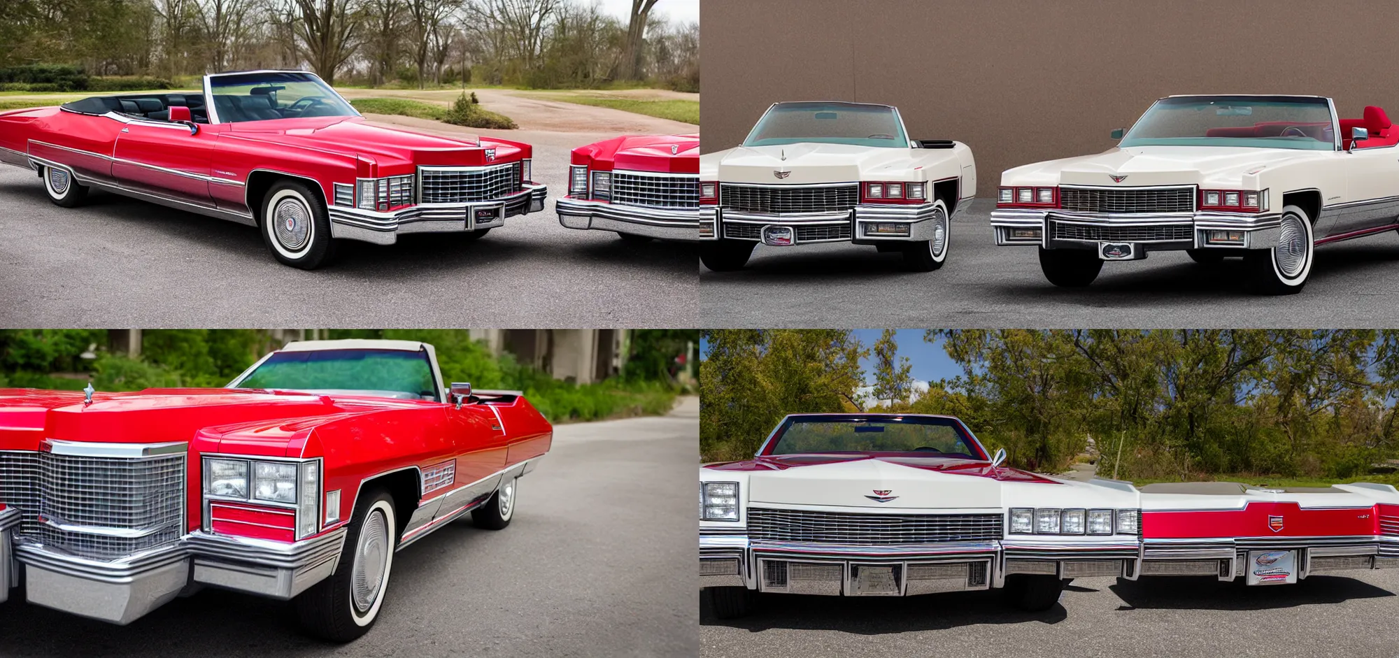 Prompt: epic front view of red 1975 cadillac eldorado convertible car, sigma 200mm intricate, medium distance shot, symmetrical