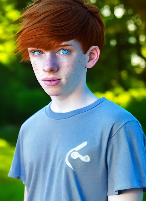 Image similar to portrait of a teen boy with completely straight auburn hair, light blue eyes, pale skin, freckles, sad expression, t - shirt, modern casual clothing, natural lighting, path traced, highly detailed, high quality, cartoon, digital painting, by don bluth and ross tran and studio ghibli