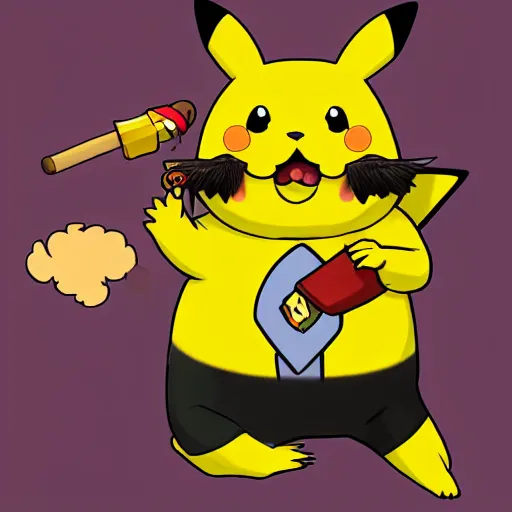 Image similar to pikatchu with a moustache, smoking a cigar with an angry expressive face, detailed photography