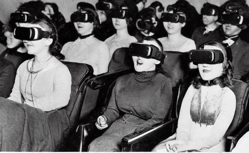 Image similar to 1 9 0 0 s photo of people wearing virtual reality headsets vr in a movie theater masterpiece old photograph