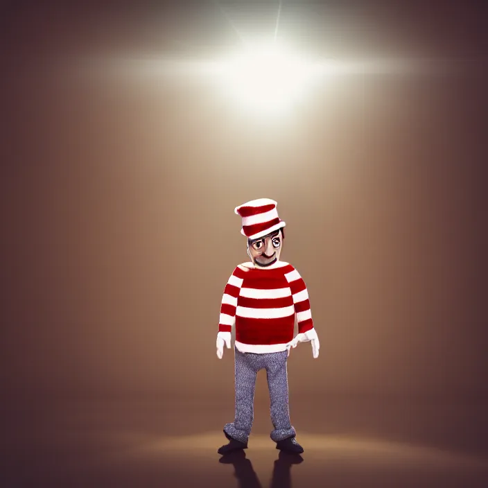 Prompt: high quality photoshoot of mr. bean in the role of waldo from where's waldo, surreal, light shining through, hyper - realistic, highly detailed, sharp focus, smooth, intricate, octane render