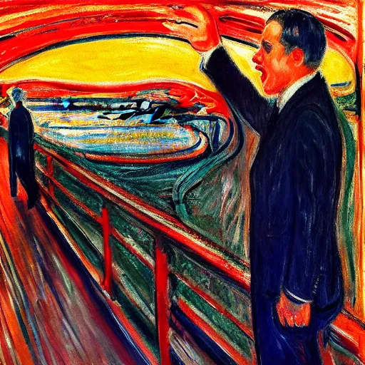 Prompt: portrait of benjamin netanyahu screaming on a bridge, hands on face, sunset, by edvard munch