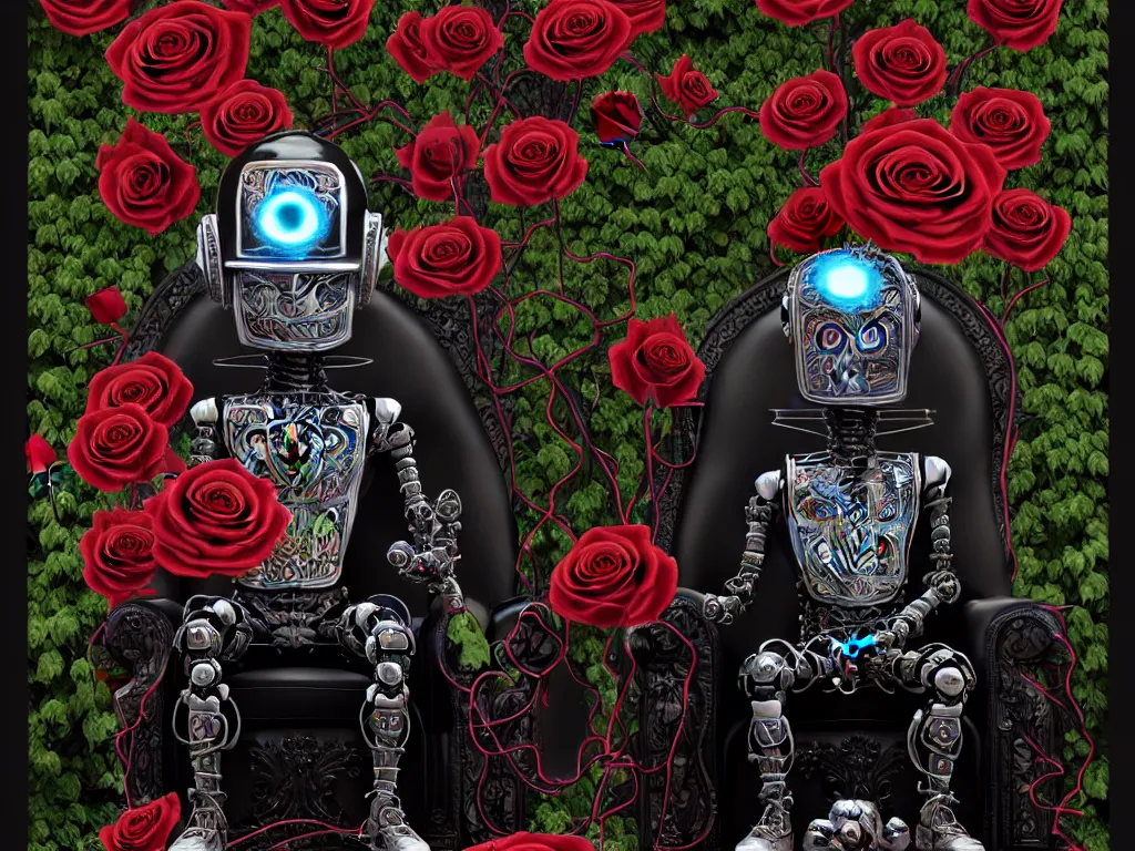 Prompt: robot helmet on a throne, roses with vines dripping black liquid, tarot card with ornate border frame, ornamented flowing jewelry, 4k, trending on artstation, hyper realistic, photorealistic, volumetric lighting, in the style of michael cheval,