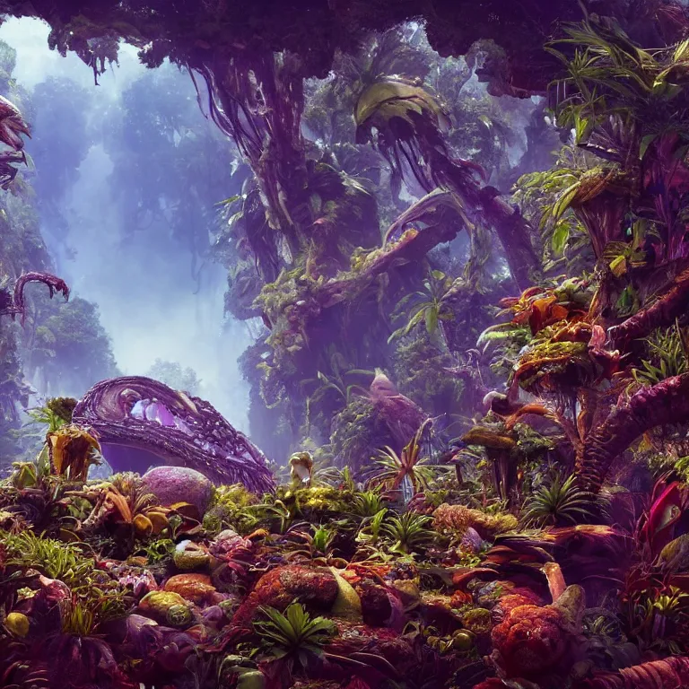 Image similar to octane render by lavinia fontana and naoto hattori and william henry hunt, a vast beautiful luscious alien jungle filled with glowing strange exotic plants and small critters, 8 k, volumetric lighting and shadows, unreal engine, cgsociety