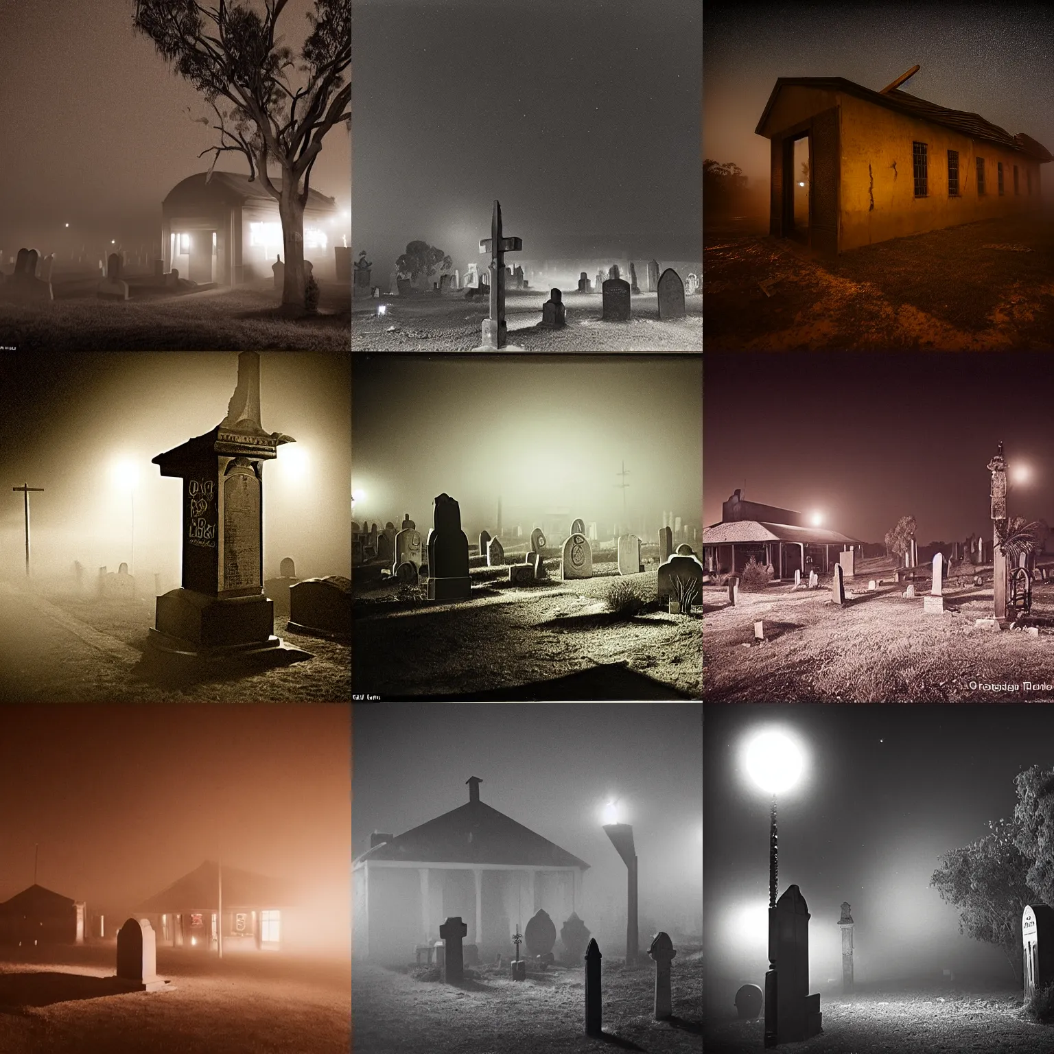 Prompt: old graveyard surrounding a dystopian pub in the outback desert, night photography, by brassai, volumetric fog