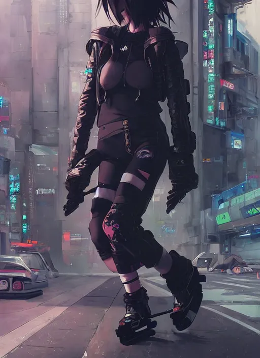 Image similar to hyper - realistic cyberpunk anime woman wearing inline skate, tokyo street, extreme detail, good face, model, concept art, in style of yoji shinkawa, pan ren wei, col price, atey ghailan, by greg rutkowski, aesthetic