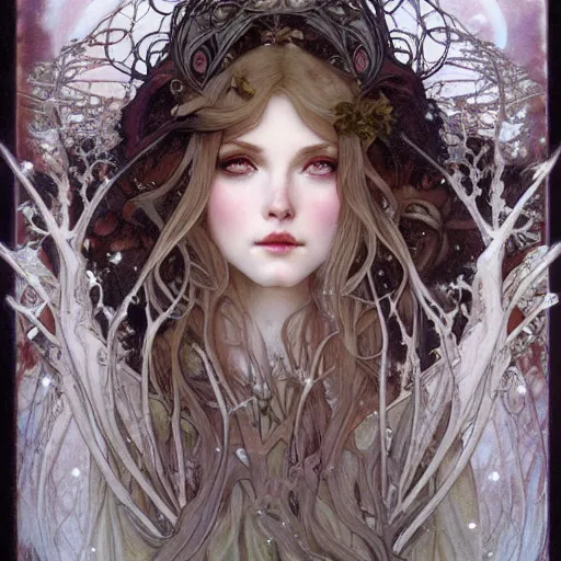 Prompt: realistic detailed face portrait of a ethereal ghostly fairy tale Snow Witch among the bare winter trees by Alphonse Mucha, Ayami Kojima, Amano, Charlie Bowater, Karol Bak, Greg Hildebrandt, Jean Delville, and Mark Brooks, Art Nouveau, Neo-Gothic, gothic, rich deep moody colors