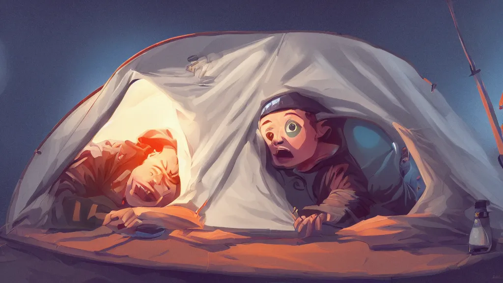 Image similar to an illustration of a teenage kid in a tent, drunk and vomiting all around his tent, fisheye lens, high contrast, highly detailed, sharp focus, digital painting, 3 d art, illustration, trending on artstation,