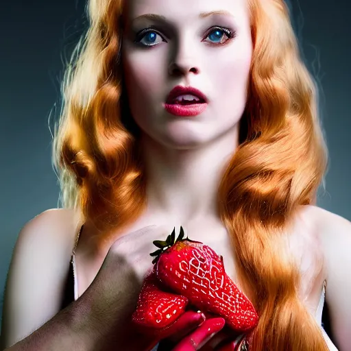 Prompt: front centered symmetrical composition of an adult woman with flowing strawberry blonde hair. smoky environment. fair skin, intense eyes. Focused. Strong chin. hdr photograph. dramatic lighting, cinematic, establishing shot, high detail, cinematic lighting. nouveau portrait by Gil Elvgren. Medieval long gown.