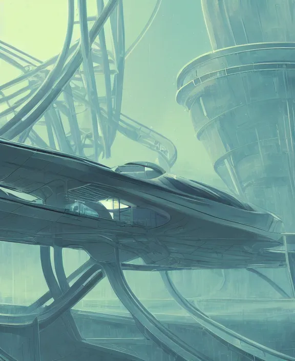 Image similar to simplicity, elegance, a roller coaster building made out of simple organic forms, in the style of a streamlined asymmetrical spaceship, bleak apocalyptic environment, by dan mumford, yusuke murata, makoto shinkai, ross tran, cinematic, unreal engine, cel shaded, featured on artstation, pixiv