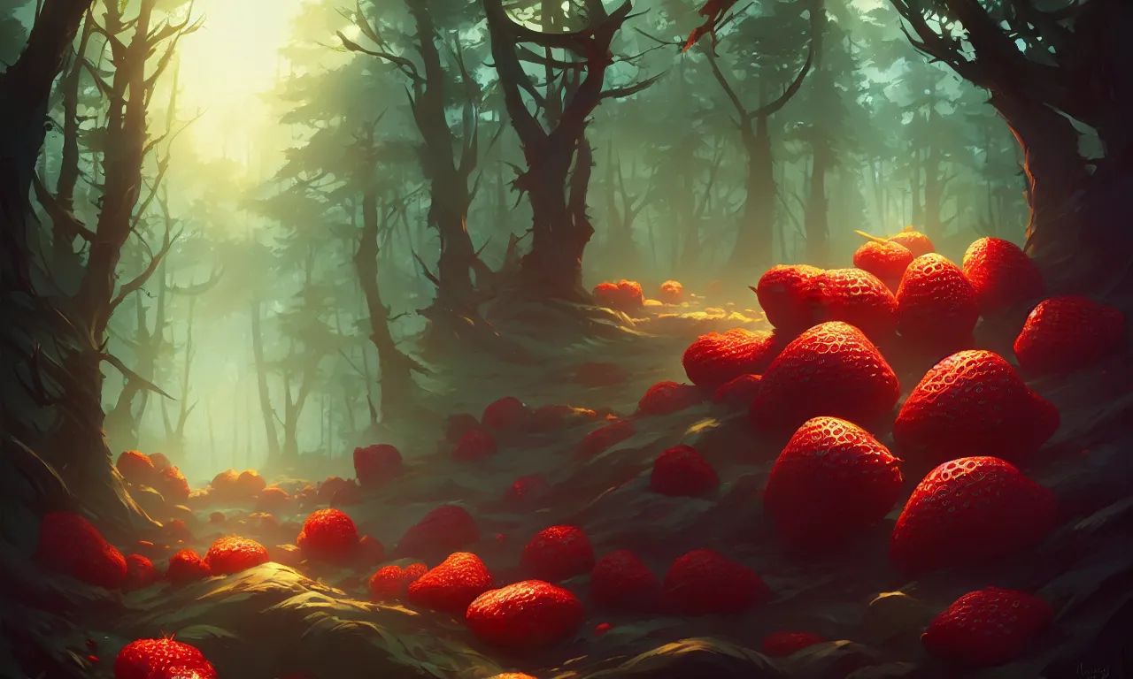 Image similar to Dark forest large strawberries, behance hd by Jesper Ejsing, by RHADS, Makoto Shinkai and Lois van baarle, ilya kuvshinov, rossdraws global illumination