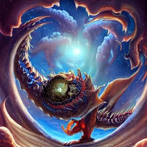 Image similar to A beautiful performance art of a dragon in space by Justin Gerard. The dragon is in the foreground with its mouth open, revealing rows of sharp teeth. Its body is coiled and ready to strike, and its tail is wrapped around a star in the background. The colors are bright and the background is full of stars and galaxies. The overall effect is one of chaotic energy and movement. french rose by Peter Wileman, by Raphael Lacoste elaborate