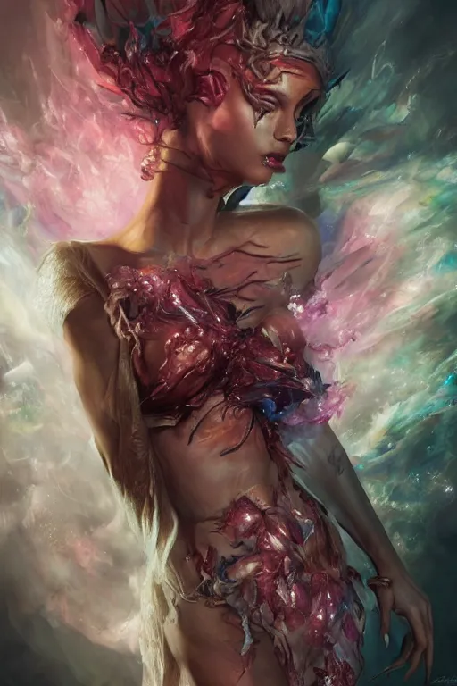 Prompt: torso closeup model wearing exploding flesh and blood crystal dress, sorcerer, diamonds, angel, fantasy, dramatic lighting, highly detailed, digital painting, holding electricity, magic the gathering, hyper detailed, 3 d render, hyper realistic detailed portrait, peter mohrbacher, wlop, ruan jia