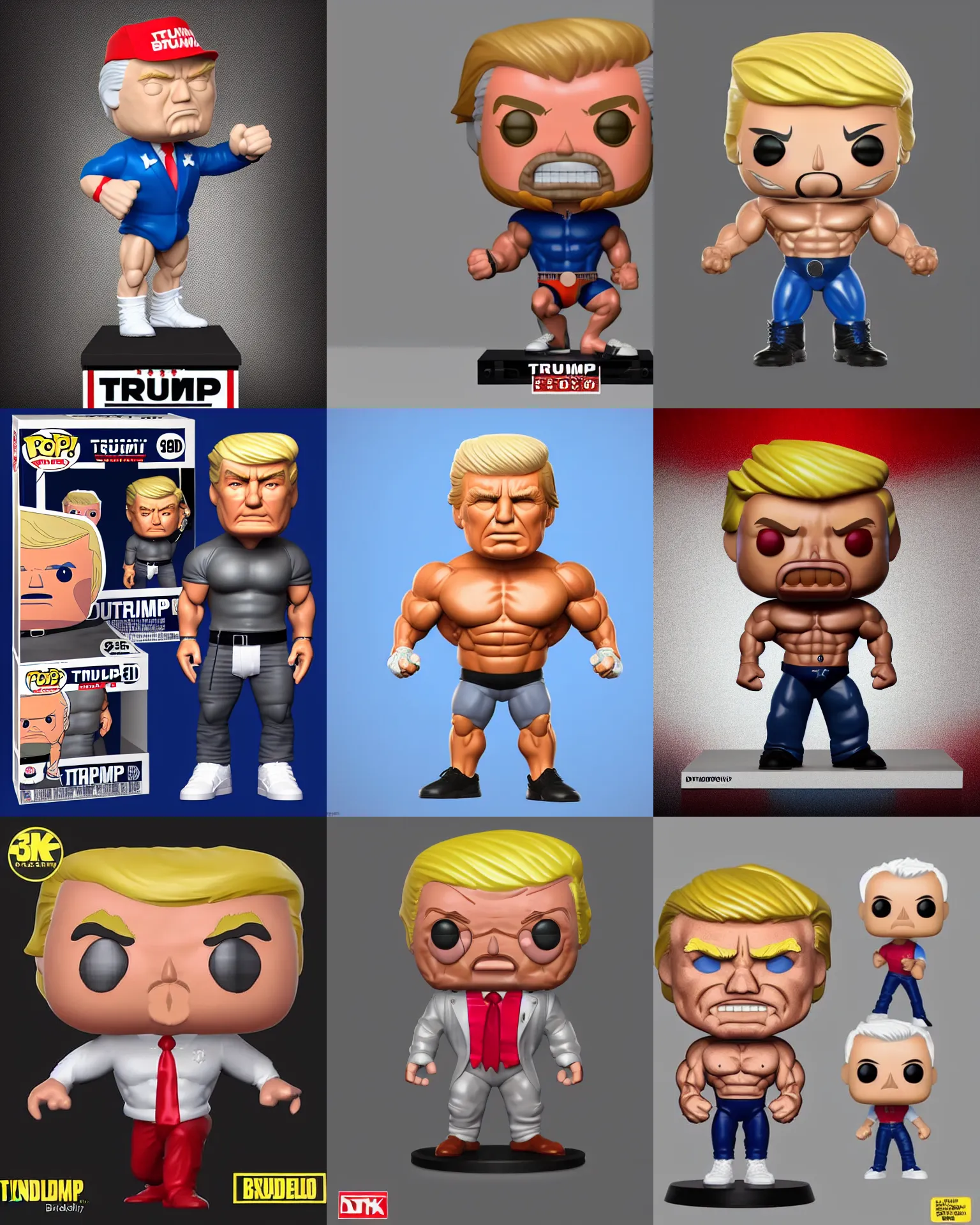 Prompt: full body 3 d render of bodybuilding trump as a funko pop!, studio lighting, white background, single body, no shadow, blender, trending on artstation, 8 k, highly detailed