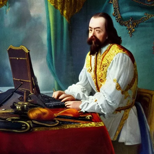 Image similar to russian tsar Peter The Great 18th century installs operating system on desktop computer oil painting, detailed, artfully traced, 4k resolution, cinematic, dramatic