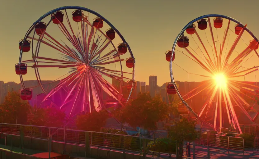 Image similar to one ferris wheel at sunrise, concept art, hyperrealistic, octane render, unreal engine 5, path traced, highly detailed, high quality, 8 k, dramatic lighting, cinematic, high coherence, symmetrical, high contrast, 1 9 8 0 s style, lens flare, godrays