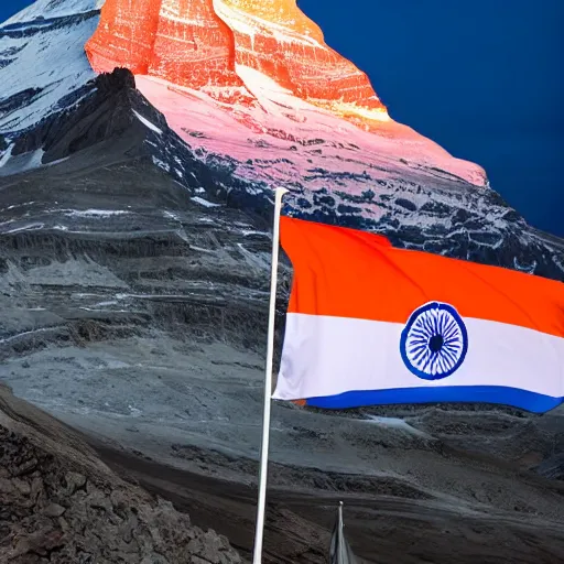 Prompt: indian flag projected illuminated on the matterhorn mountain at night