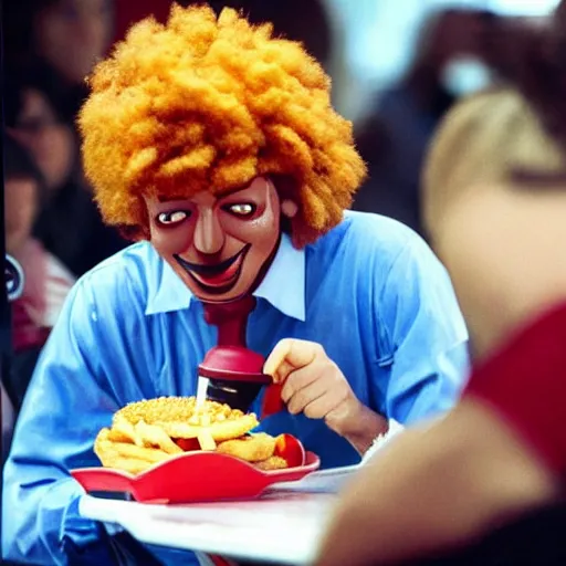 Prompt: Paparazzi Photograph of Ronald Mcdonald eating Kentucky Fried Chicken at Burger King