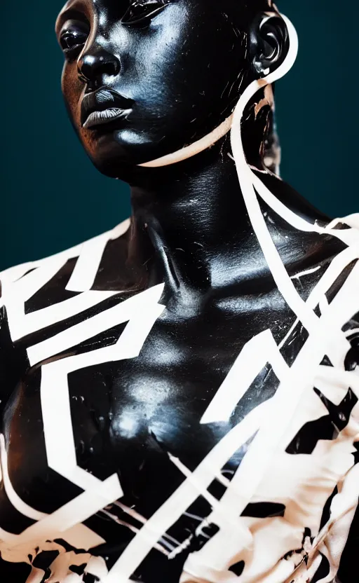 Image similar to extremely beautiful female black marble statue in the style of virgil abloh, colorful motocross logos behind her, sharp focus, clear, detailed,, cinematic, detailed, off white, glamourous, symmetrical, vogue, editorial, fashion, magazine shoot, glossy