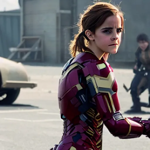 Image similar to a still of emma watson in iron man fighting with captain america ( daniel radcliff )