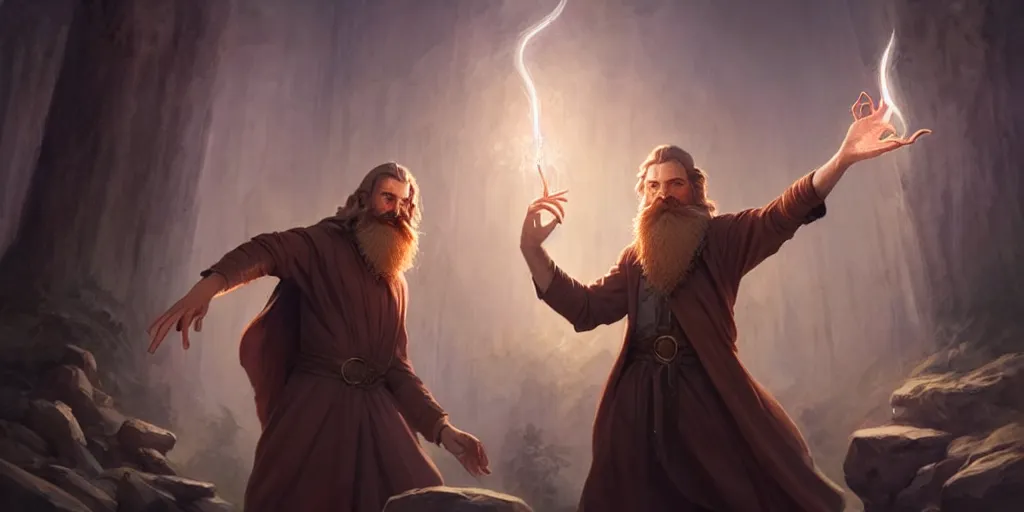 Image similar to a handsome bearded white male wizard with brown hair he is casting a spell emanating from his hands, open hands, sharp focus, waist up, 4 k, by greg rutkowski, rudy siswanto and anna podedworna