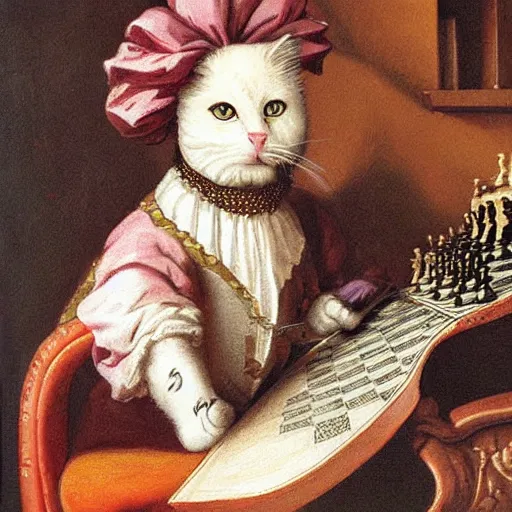 Image similar to cat playing chess looking wise, rococo oil painting, highly detailed