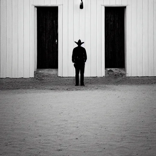 Image similar to gunslinger standing on a beach, a lone standing door