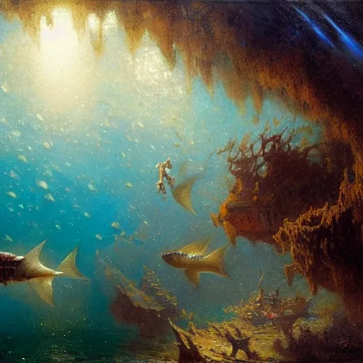 Image similar to point of view of deep in the ocean looking up, you see fishes, higher up you see the milk way, night time. highly detailed painting by gaston bussiere, greg rutkowski 8 k