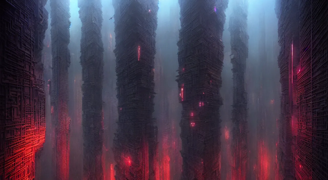 Image similar to cyberpunk hanoi, biomechanical cityscape, by zdzislaw beksinski, by josip csoor, hr giger, aesthetic, masterpiece, photorealistic, volumetric lighting, horror, detailed, intricate, recursive, raytrace, octane, cgscociety,