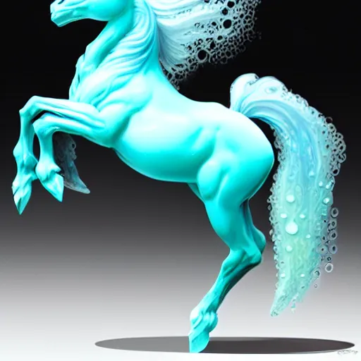 Image similar to a fantastical transparent small turquoise spirit horse made of water and foam and algae, splashing water, wave, translucent, ethereal, noble, radiant, hyperalism, scottish folklore, digital painting, artstation, concept art, smooth, 8 k frostbite 3 engine, ultra detailed, art by artgerm and greg rutkowski and magali villeneuve