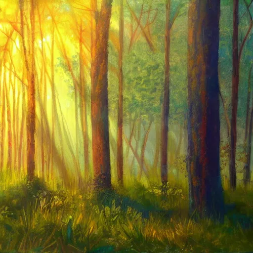 Image similar to a painting of a forest clearing in the morning with sun shining through the trees, mystical, magical