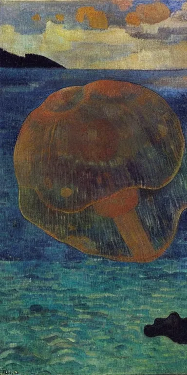 Image similar to black!! jellyfish in a vast ocean by paul gauguin, serene, calm, minimalist!!!