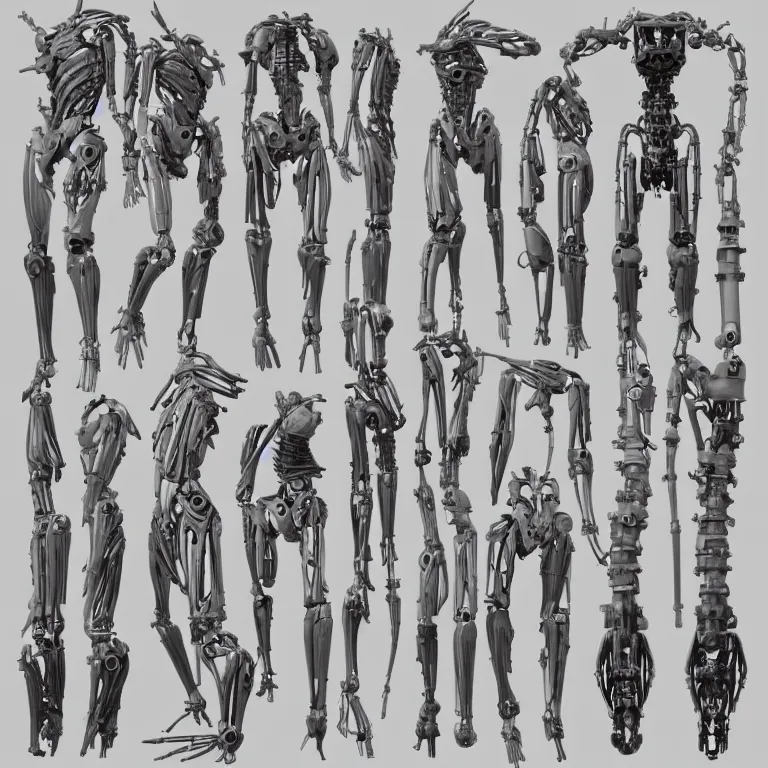Prompt: very symmetrical!! video game assets, anatomical cyborg human torso with gunmetal grey skin, medical muscle anatomy, prosthetic limbs, biomechanical aesthetic, cybernetic implants, highly detailed, bionic, anime mecha, cable wire implants, three - view reference sheet ( front / back / side ), artstation, marmoset toolbag, unreal engine