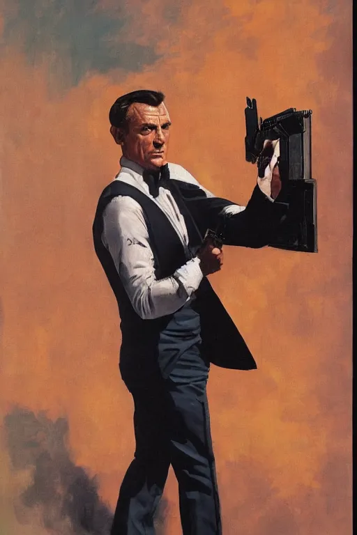 Prompt: painting of james bond, pointing gun at viewer, by Frank McCarthy